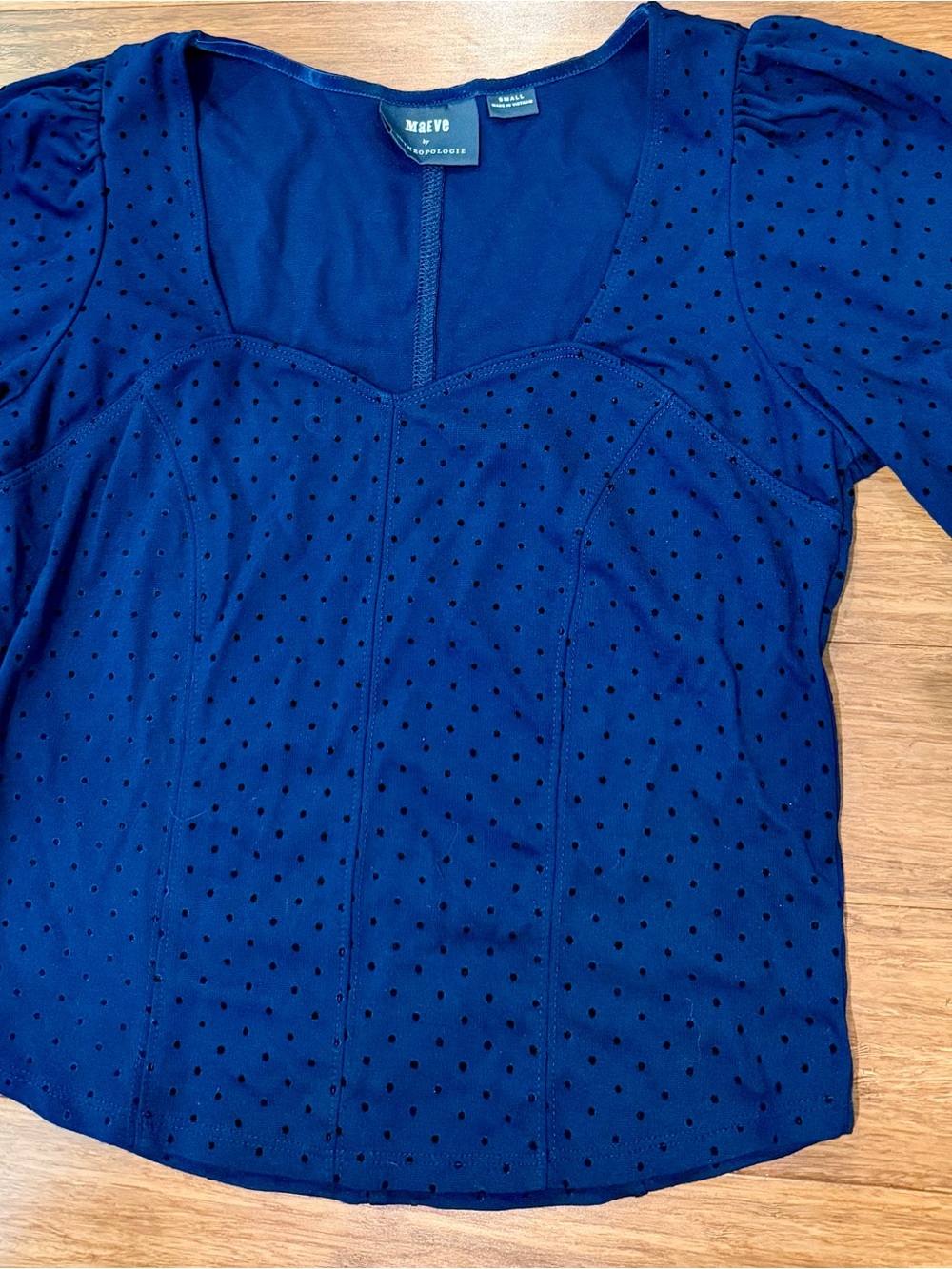 Mauve Navy Blue Polka Dot Sweetheart Neck Puff Sleeve Top